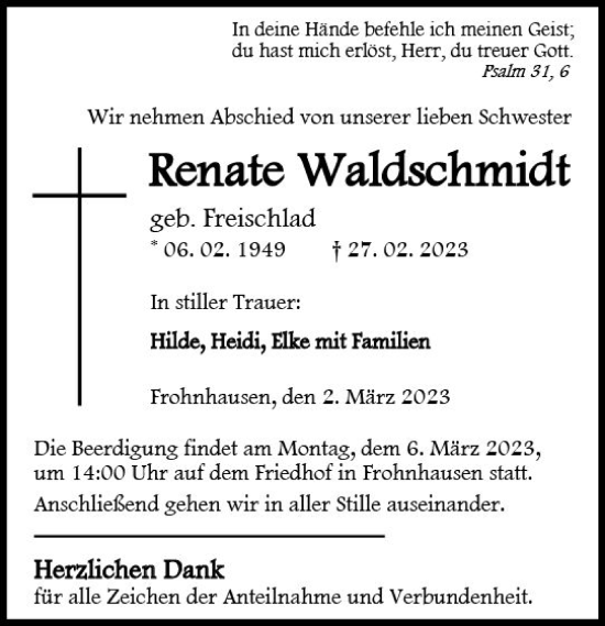 Traueranzeige von Renate Waldschmidt von Dill Block