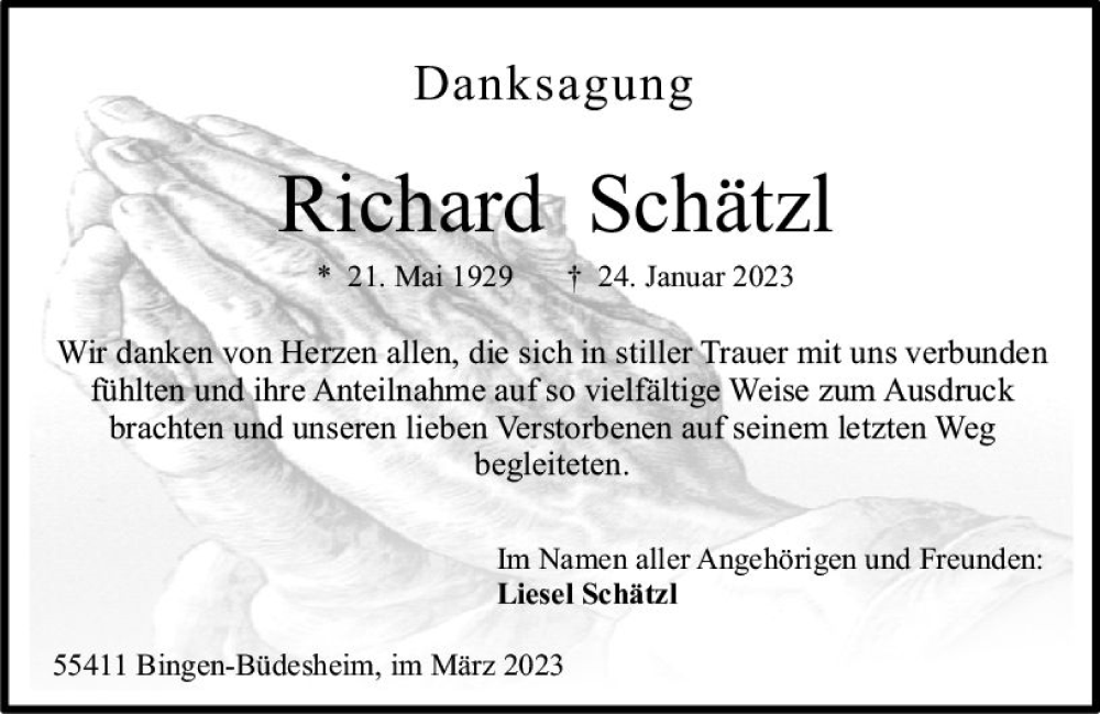  Traueranzeige für Richard Schätzl vom 01.04.2023 aus Bingen/Ingelheim WOBL inkl. Neue Binger Ztg.