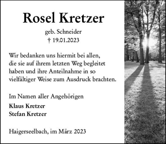 Traueranzeige von Rosel Kretzer von Dill Block