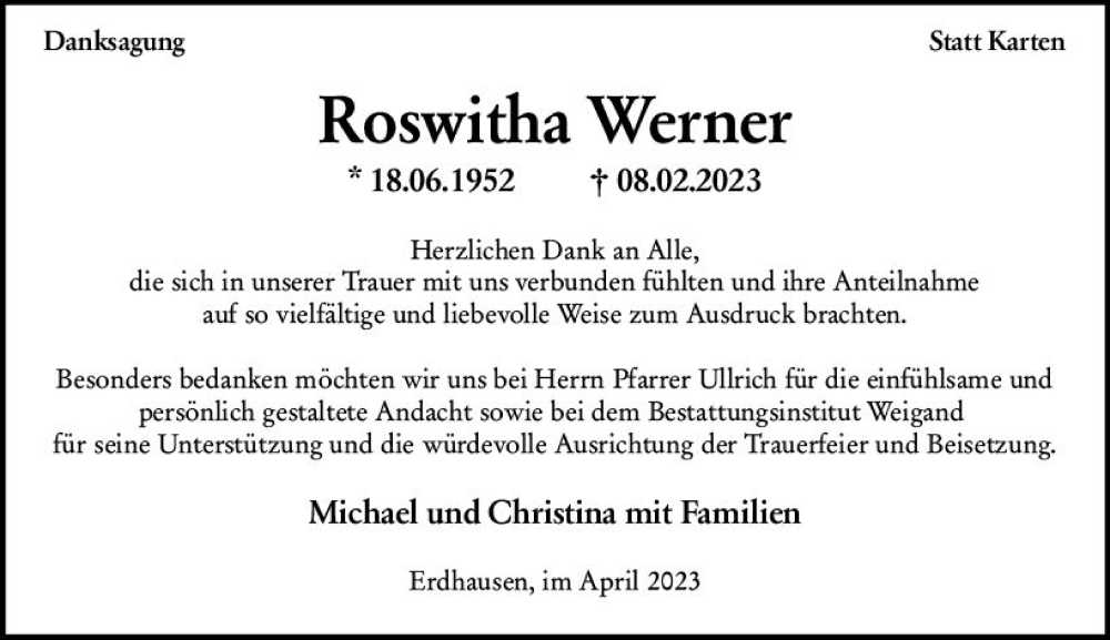  Traueranzeige für Roswitha Werner vom 01.04.2023 aus Hinterländer Anzeiger