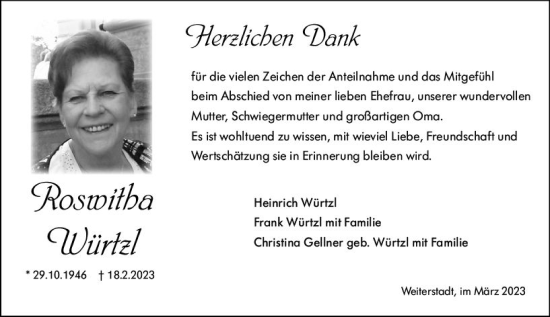 Traueranzeige von Roswitha Würtzl von Darmstädter Echo