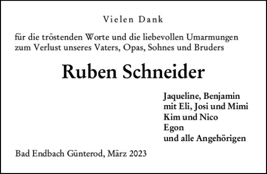Traueranzeige von Ruben Schneider von VRM Trauer
