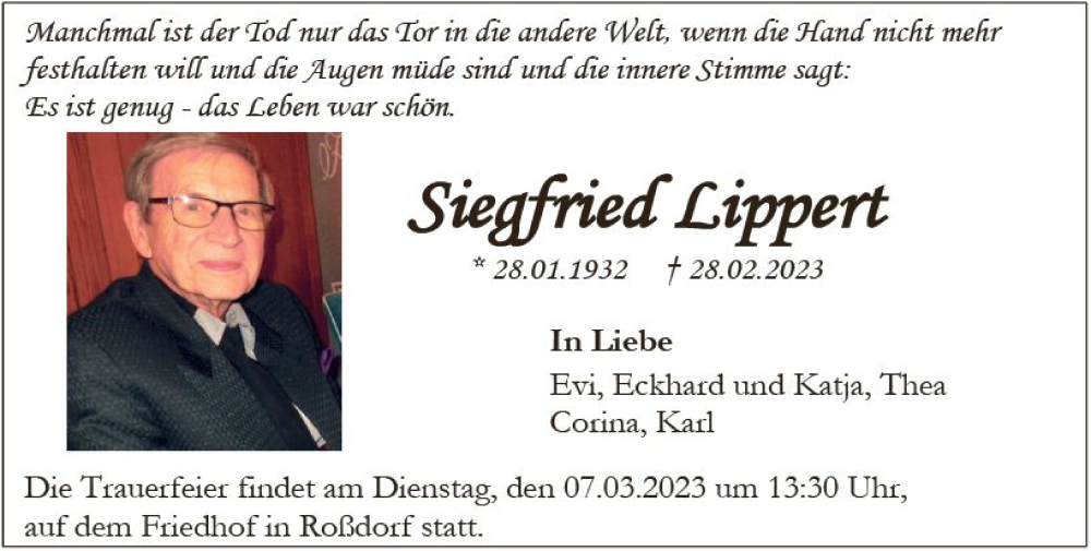  Traueranzeige für Siegfried Lippert vom 04.03.2023 aus Darmstädter Echo