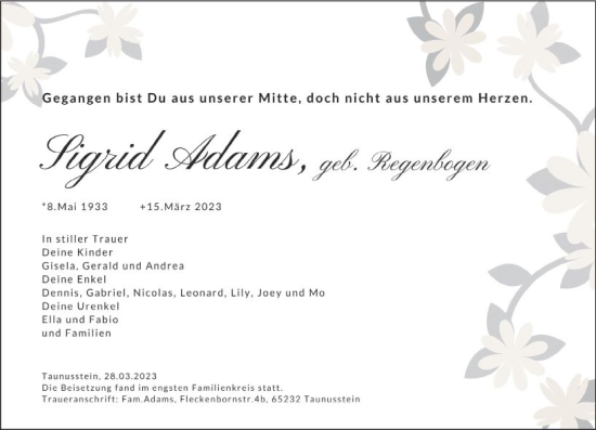 Traueranzeige von Sigrid Adams von Idsteiner Land/Untertaunus