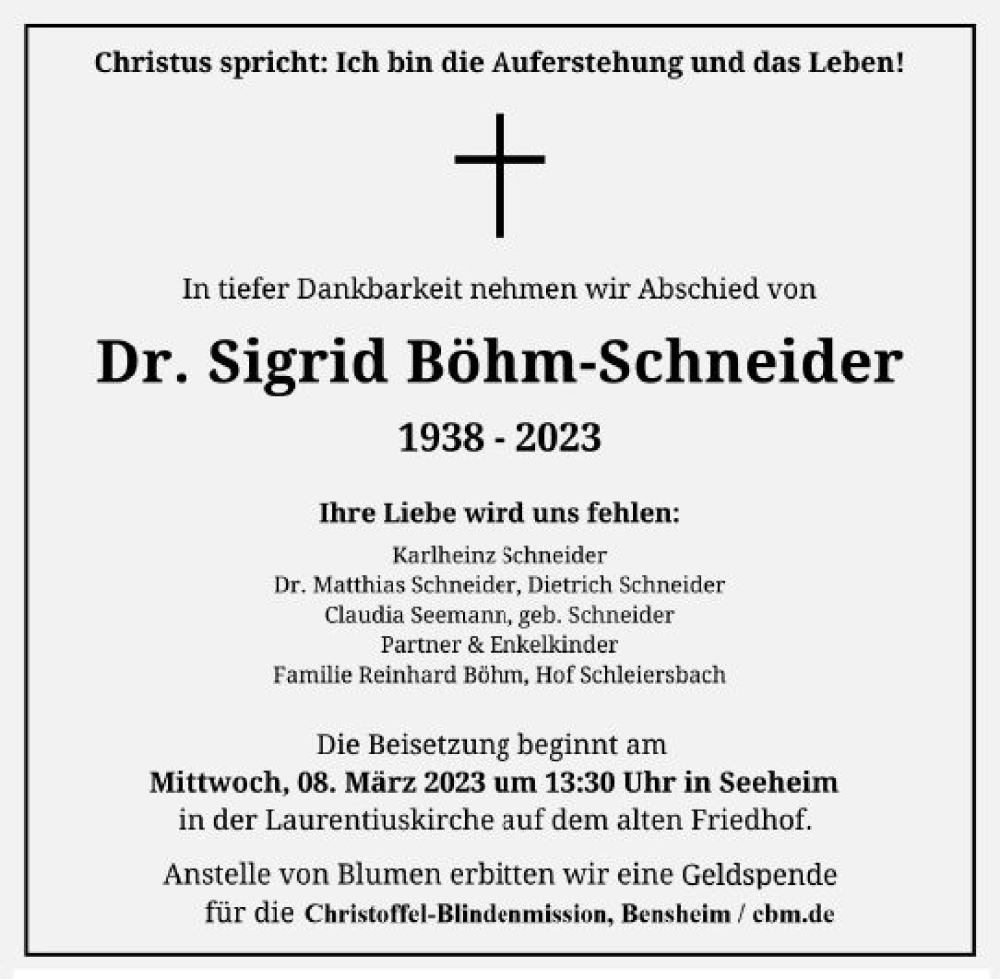  Traueranzeige für Sigrid Böhm-Schneider vom 03.03.2023 aus Darmstädter Echo