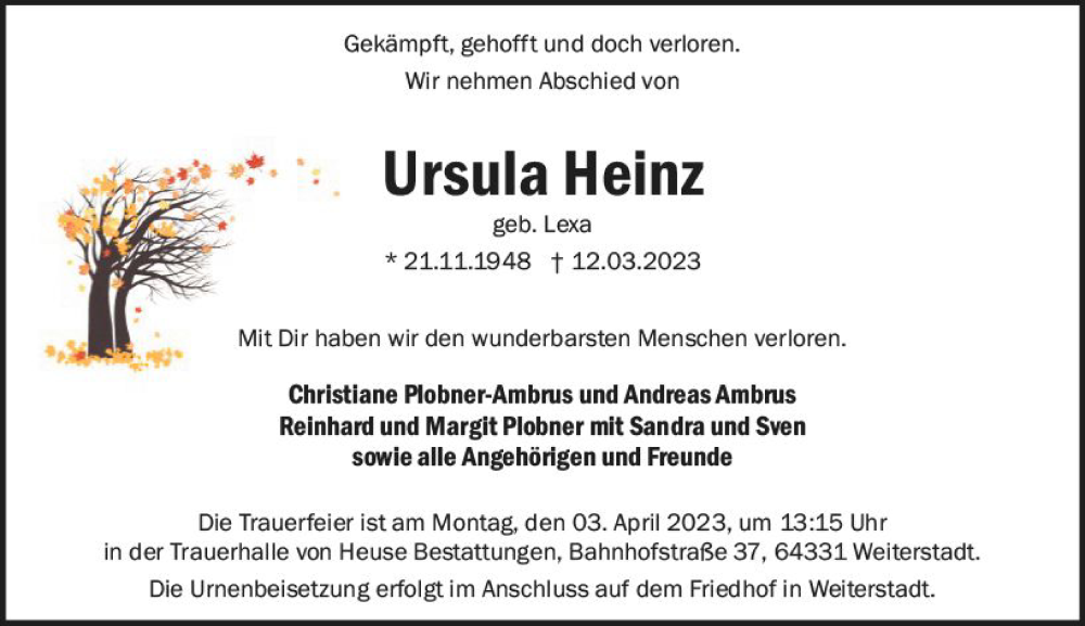  Traueranzeige für Ursula Heinz vom 25.03.2023 aus Darmstädter Echo