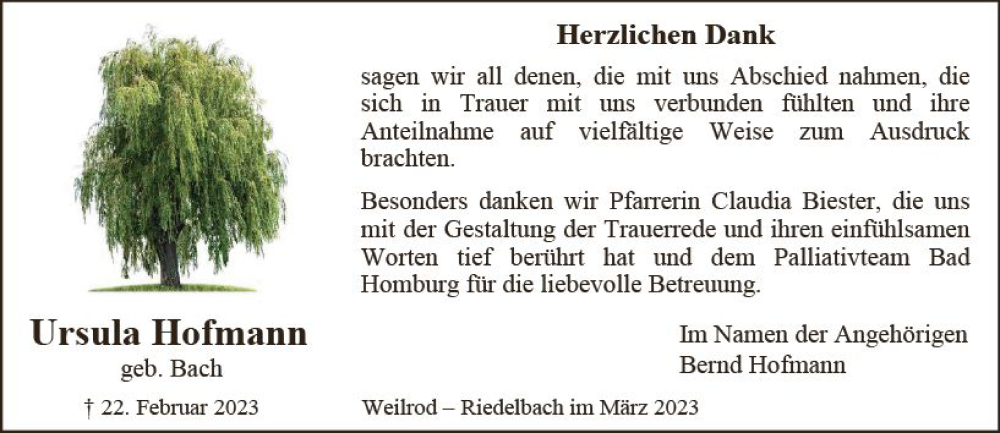  Traueranzeige für Ursula Hofmann vom 16.03.2023 aus Camberger Anzeiger