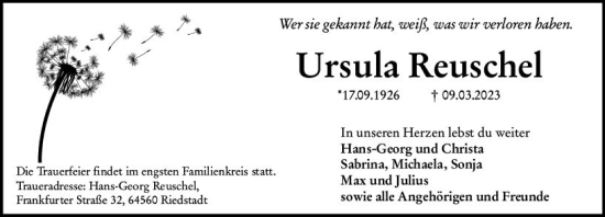 Traueranzeige von Ursula Reuschel von Groß-Gerauer Echo