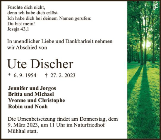Traueranzeige von Ute Discher von Starkenburger Echo