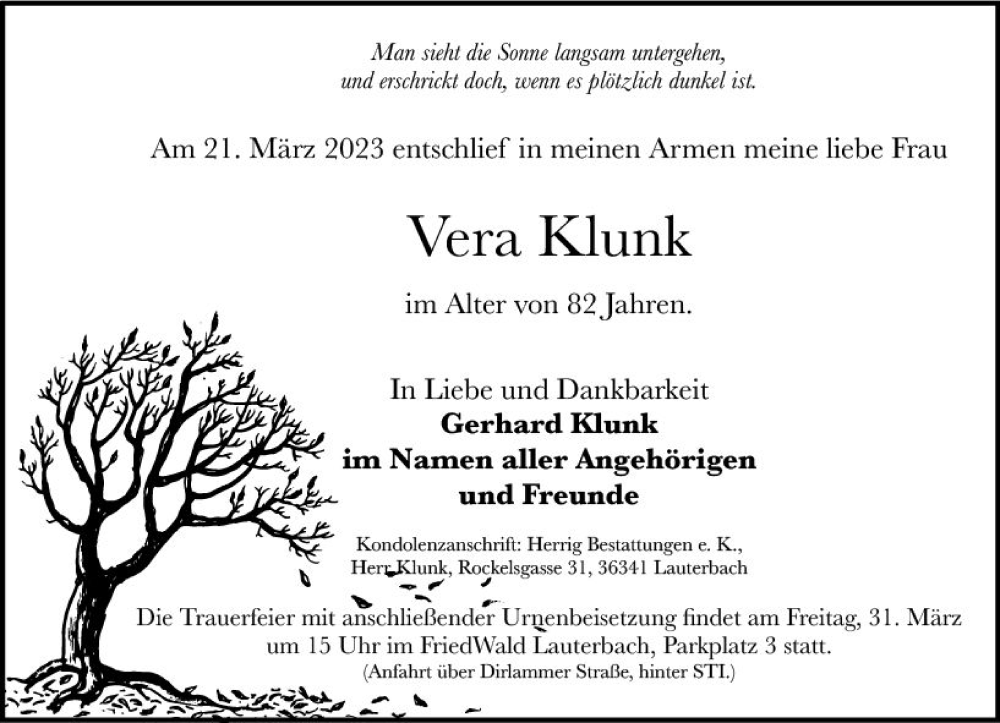 Traueranzeige für Vera Klunk vom 25.03.2023 aus VRM Trauer