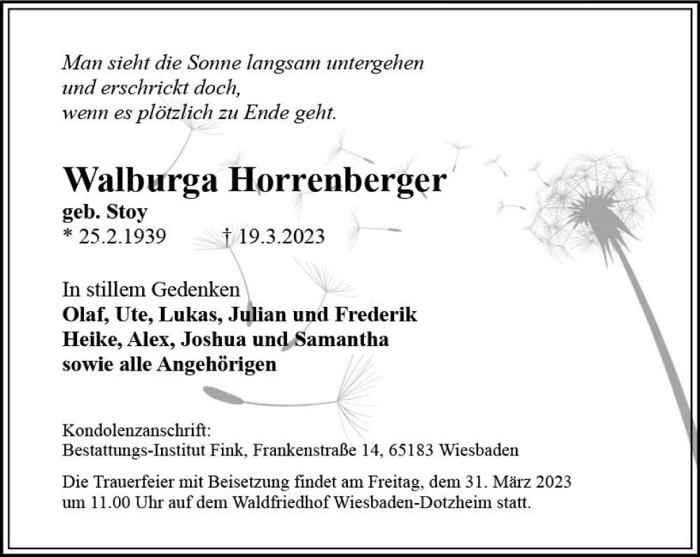  Traueranzeige für Walburga Horrenberger vom 25.03.2023 aus Wiesbadener Kurier