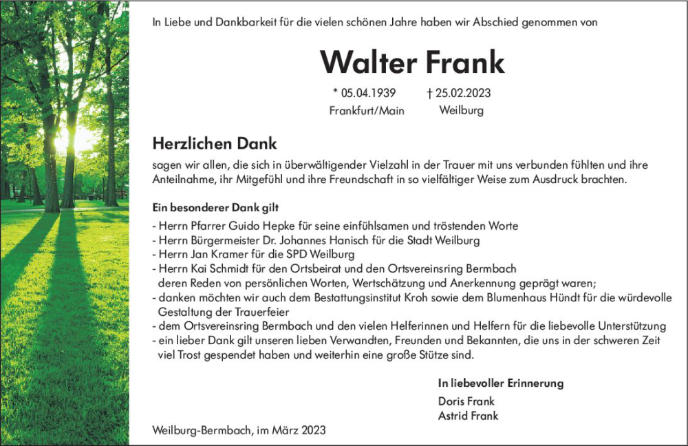  Traueranzeige für Walter Frank vom 01.04.2023 aus Weilburger Tageblatt
