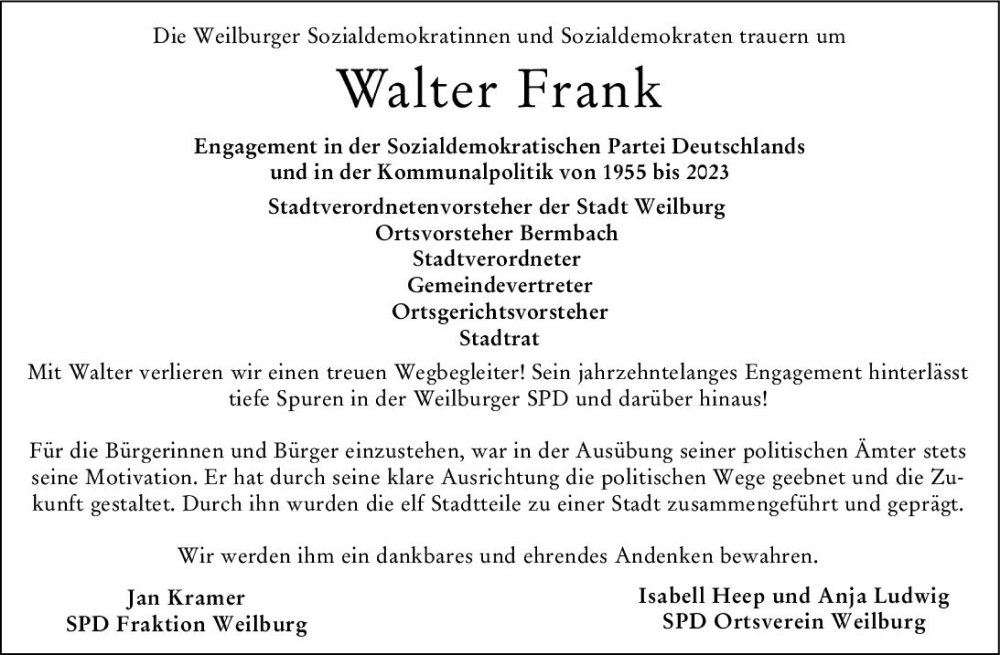  Traueranzeige für Walter Frank vom 02.03.2023 aus Weilburger Tageblatt