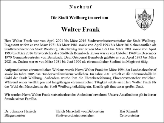 Traueranzeige von Walter Frank von Weilburger Tageblatt