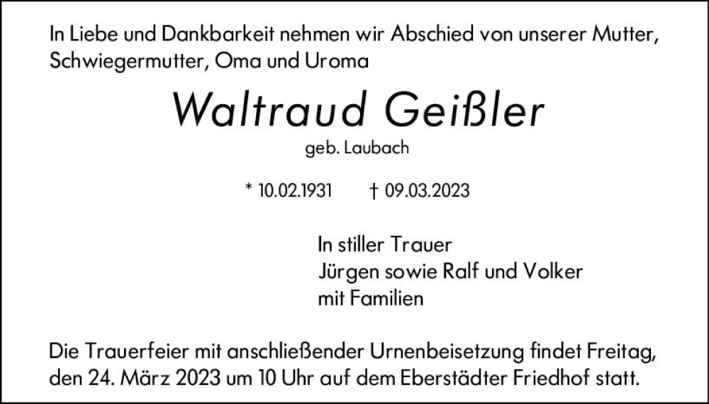  Traueranzeige für Waltraud Geißler vom 18.03.2023 aus Darmstädter Echo