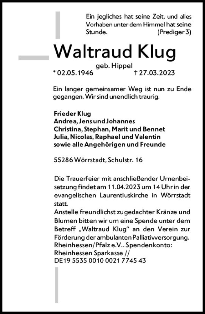 Traueranzeige für Waltraud Klug vom 01.04.2023 aus Allgemeine Zeitung Alzey