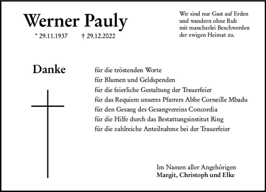 Traueranzeige von Werner Pauly von Wormser Zeitung