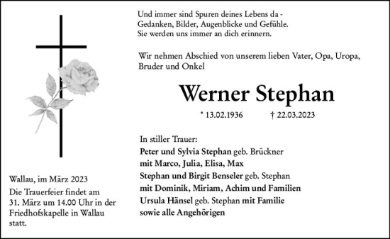 Traueranzeige von Werner Stephan von Hinterländer Anzeiger
