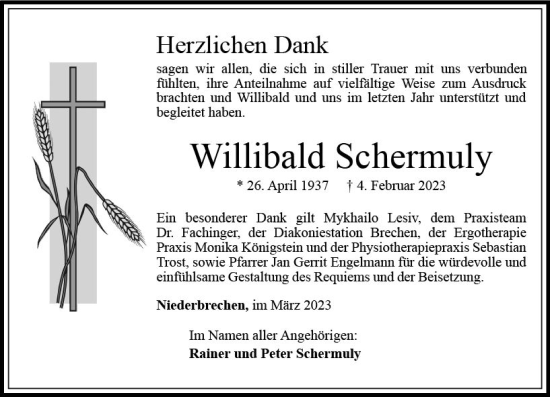 Traueranzeige von Willibald Schermuly von Camberger Anzeiger
