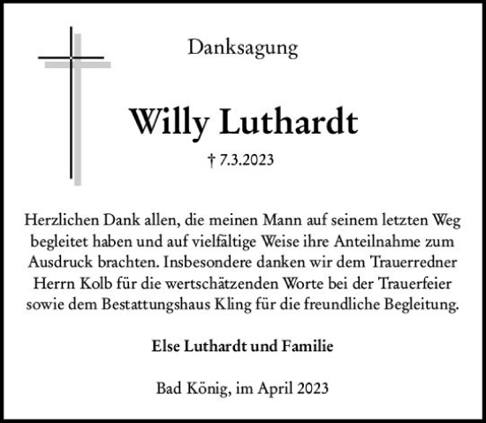 Traueranzeige von Willy Luthardt von Odenwälder Echo
