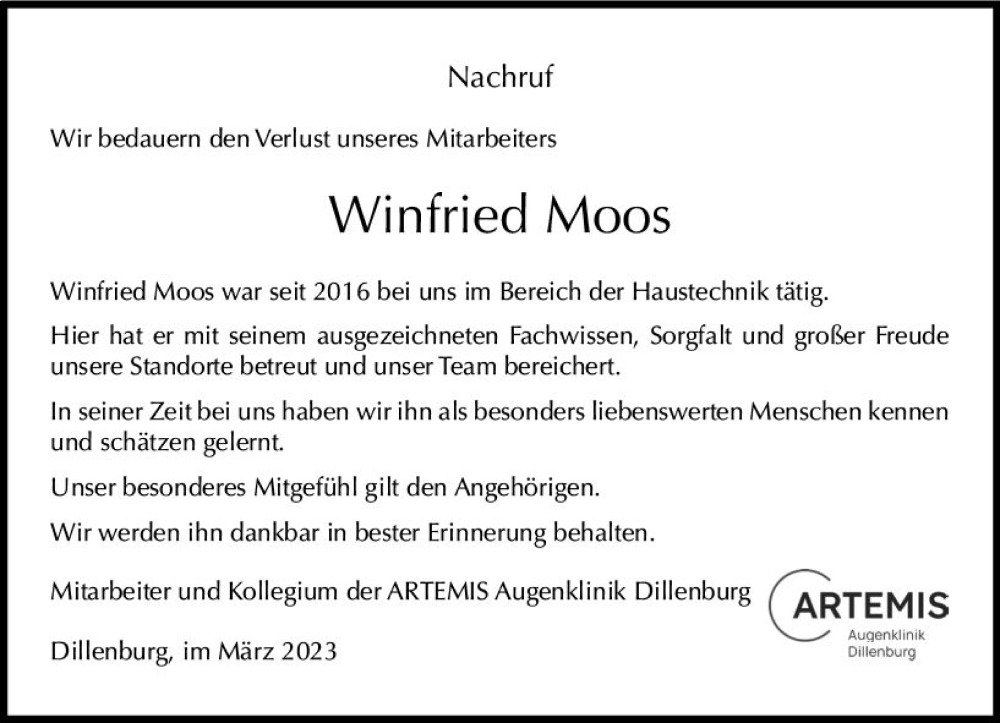  Traueranzeige für Winfried Moos vom 18.03.2023 aus Dill Block