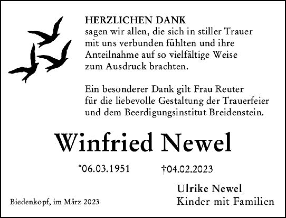  Traueranzeige für Winfried Newel vom 18.03.2023 aus Hinterländer Anzeiger