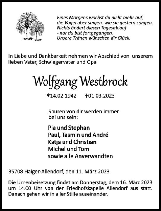 Traueranzeige von Wolfgang Westbrock von Dill Block