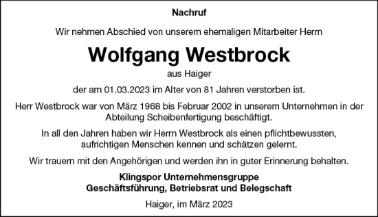 Traueranzeige von Wolfgang Westbrock von Dill Block