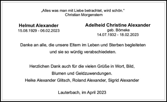 Traueranzeige von Adelheid Christine Alexander von Oberhessen Kurier