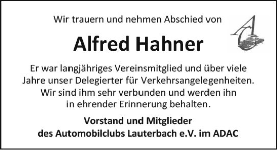 Traueranzeige von Alfred Hahner von VRM Trauer