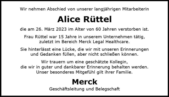 Traueranzeige von Alice Rüttel von Darmstädter Echo