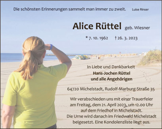 Traueranzeige von Alice Rüttel von Odenwälder Echo