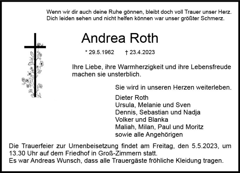  Traueranzeige für Andrea Roth vom 29.04.2023 aus Dieburger Anzeiger/Groß-Zimmerner Lokal-Anzeiger