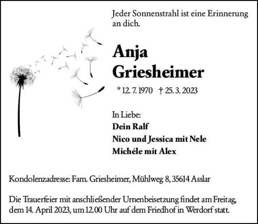  Traueranzeige für Anja Griesheimer vom 12.04.2023 aus Wetzlarer Neue Zeitung