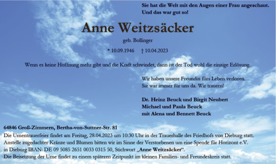 Traueranzeige von Anne Weitzsäcker von Darmstädter Echo