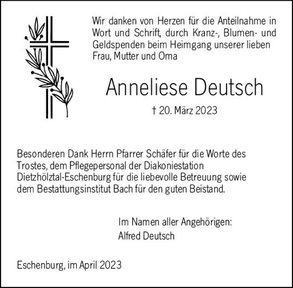  Traueranzeige für Anneliese Deutsch vom 15.04.2023 aus Dill Block