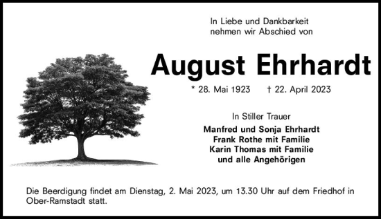 Traueranzeige von August Ehrhardt von Darmstädter Echo