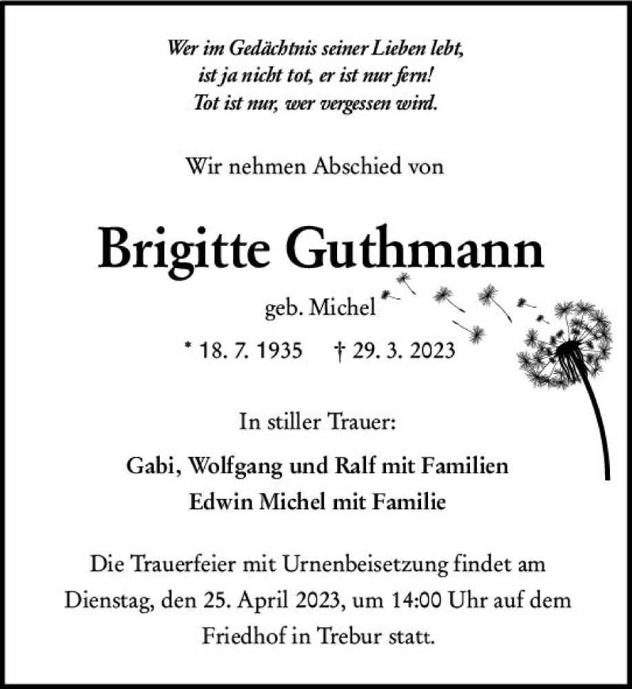  Traueranzeige für Brigitte Guthmann vom 19.04.2023 aus Rüsselsheimer Echo