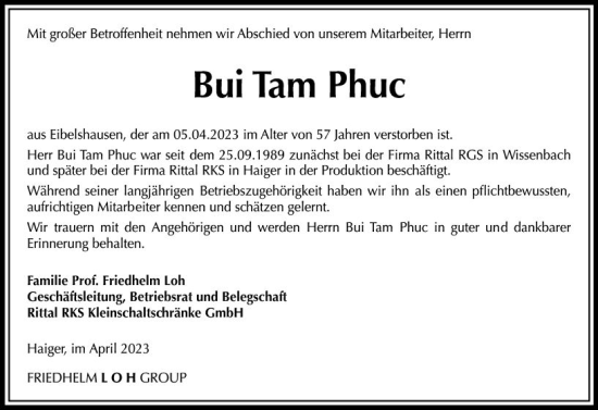 Traueranzeige von Bui Tam Phuc von Dill Block