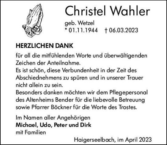 Traueranzeige von Christel Wohler von Dill Block