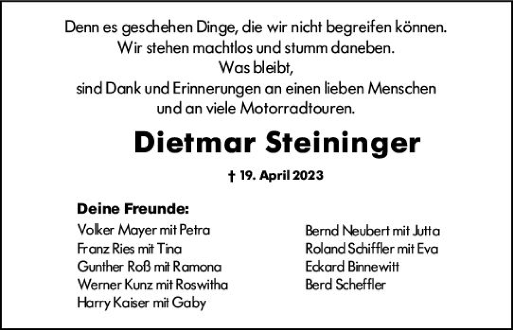  Traueranzeige für Dietmar Steininger vom 29.04.2023 aus Darmstädter Echo