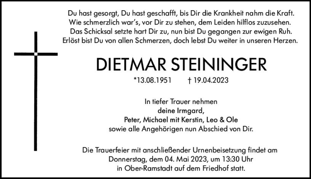  Traueranzeige für Dietmar Steininger vom 29.04.2023 aus Darmstädter Echo