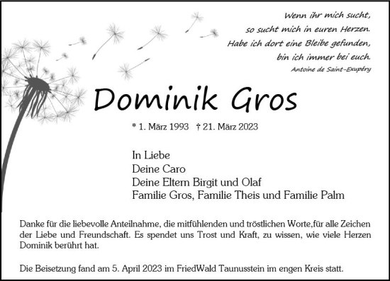 Traueranzeige von Dominik Gros von Wiesbadener Kurier