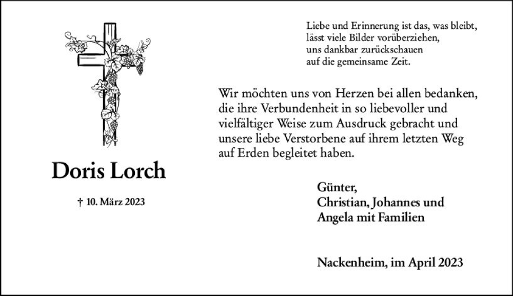  Traueranzeige für Doris Lorch vom 14.04.2023 aus Allgemeine Zeitung Mainz