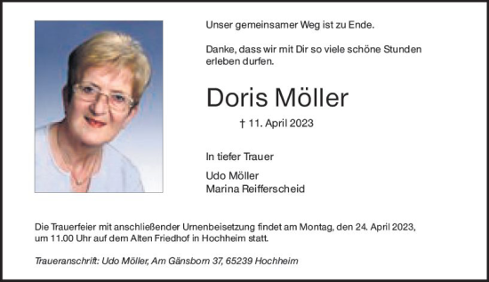 Traueranzeige von Doris Möller von Hochheimer Zeitung