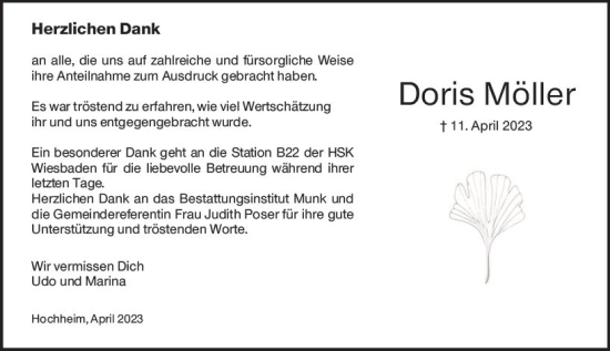 Traueranzeige von Doris Möller von Hochheimer Zeitung