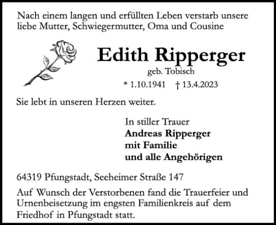 Traueranzeige von Edith Ripperger von Darmstädter Echo
