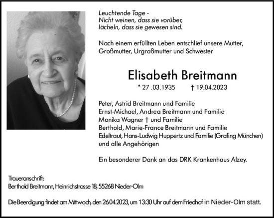 Traueranzeige von Elisabeth Breitmann von Allgemeine Zeitung Mainz