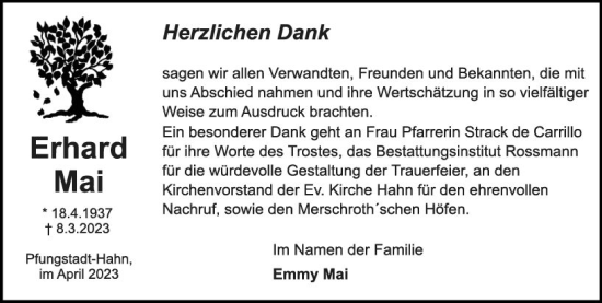 Traueranzeige von Erhard Mai von Darmstädter Echo