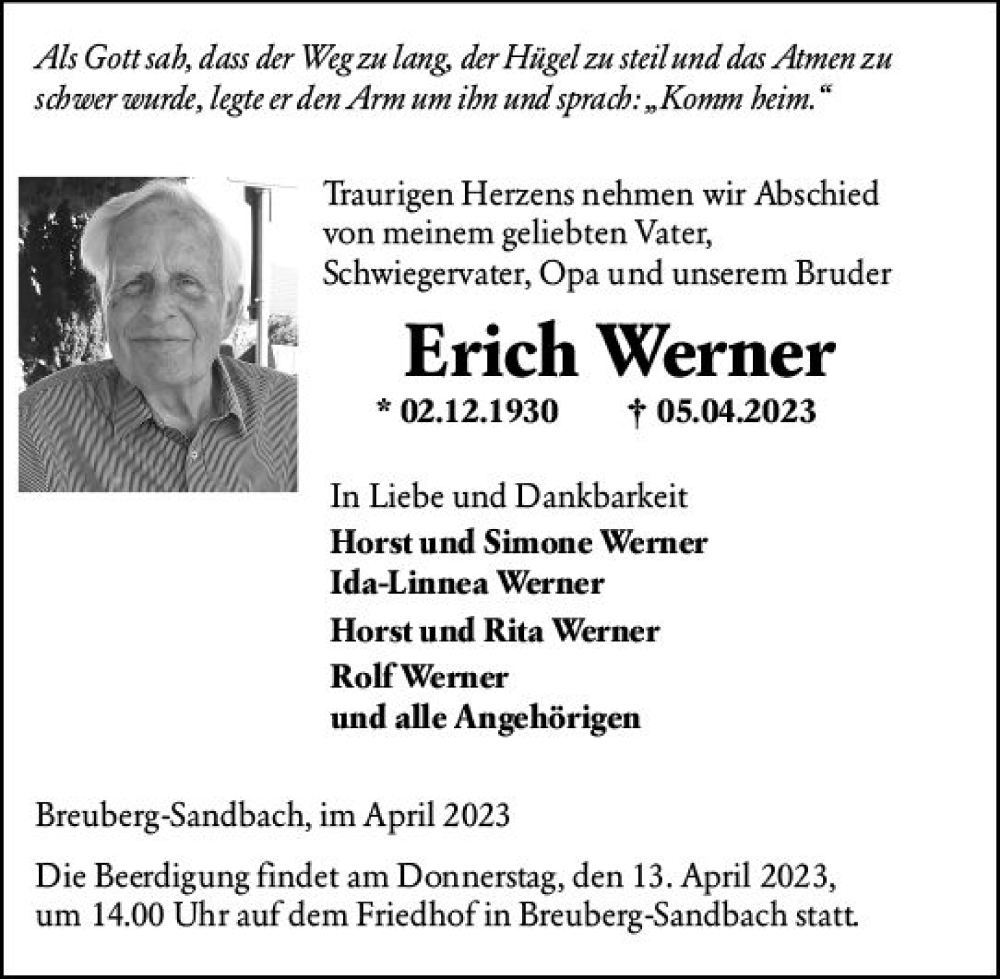  Traueranzeige für Erich Werner vom 11.04.2023 aus Odenwälder Echo